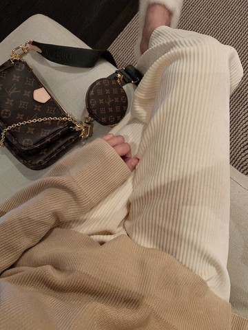 歐貨加絨白色燈芯絨闊腿褲女秋冬加厚休閑褲子高腰垂感寬松直筒褲