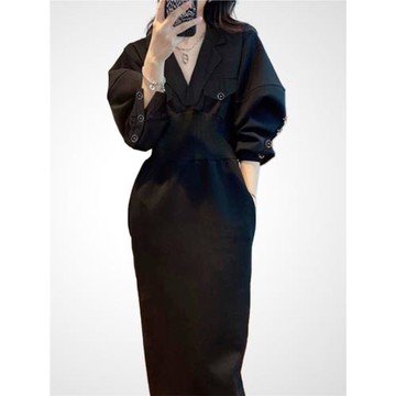 氣質女裝高級感名媛御姐小香風打底配大衣黑色秋季修身顯瘦連衣裙