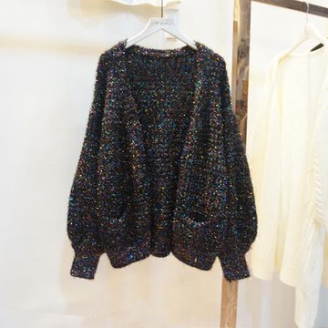 亮晶晶秋裝新款個性時尚寬松燈籠袖毛衣女短款針織開衫亮絲外套潮