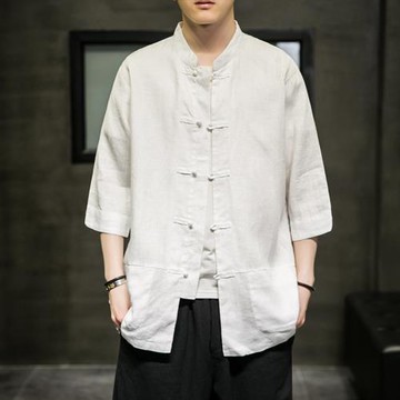 七分袖襯衫男立領盤扣亞麻布上衣中式復古潮牌男裝中國風棉麻襯衣