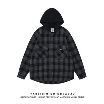 美式復古拼接格子長袖襯衫女2026春季新款古著感毛呢連帽襯衣外套