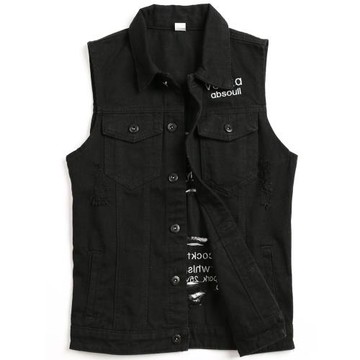 春季男士牛仔馬甲潮流休閑翻領破洞坎肩背心日系無袖牛仔衣男外套