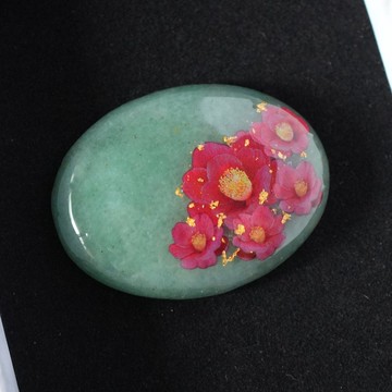 天然石綠水晶與椿花、金箔和服飾品 馬尾髮圈 胸針 24k