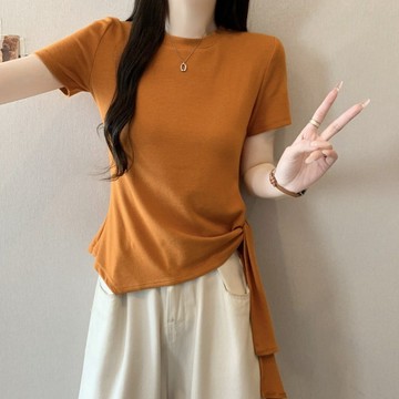 7165L_大尺寸~2026新款韓系夏季綁帶收腰顯瘦短袖T卹不對稱設計感上衣