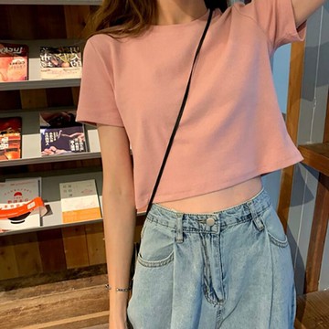 ins超火短袖T恤女夏韓版潮原宿BF風短款露臍純色心機修身半袖上衣