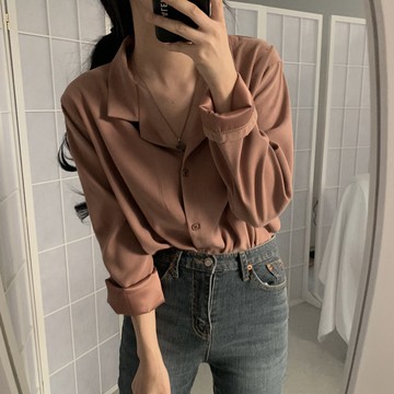 襯衣女秋裝chic慵懶風寬松長袖襯衫百搭純色休閑上衣1入