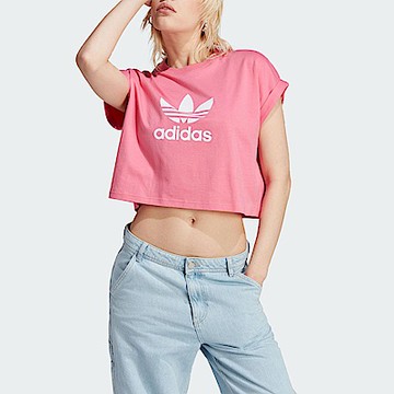 Adidas Short Tee II0709 女 短袖 短版 上衣 T恤 亞洲版 休閒 三葉草 寬鬆 棉質 粉