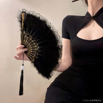 【臺灣出貨】新款 漢服旂袍扇子折扇中國風黑色羽毛古風扇新中式舞蹈扇聖誕節裝飾品 YTPP