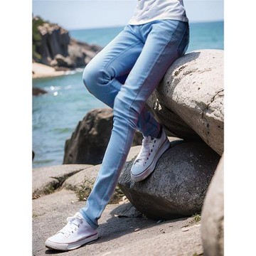 夏季韓版潮流彈力百搭天藍色修身新款小腳牛仔褲中腰顯瘦休閑長褲