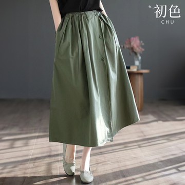 初色 文藝休閒風寬鬆口袋高腰顯瘦純棉中長裙半身裙A字裙-共4色-35306(M-2XL可選)