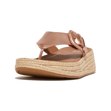 FitFlop F-MODE 草編調整式扣環金屬皮革厚底夾腳涼鞋-女(玫瑰金色)