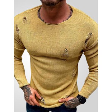 2025秋季外貿男裝純色圓領破洞長袖T恤薄款修身打底衫Men T-shirt