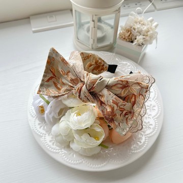 棉布綁結蕾絲髮箍頭箍髮飾頭飾-復古褐色花卉