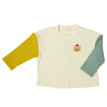 akachan honpo - 長袖裏起毛華夫格T恤-撞色袖-象牙白色