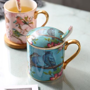 田園風骨瓷馬克杯咖啡杯子創意情侶杯早餐杯家用男女水杯帶蓋勺子