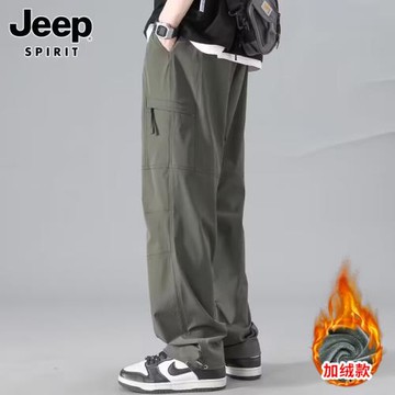JEEP SPIRIT休閑褲男士2025年冬季加絨加厚寬松直筒工裝長褲子男