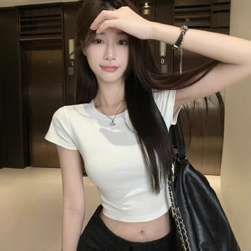 2026新款美式辣妹短款 露臍短款短袖 辣妹短袖 T恤女 修身顯瘦 純色ins上衣 chic高腰露臍短款上衣 內搭修身