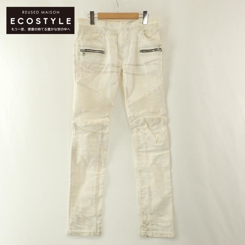 美品/ BALMAIN バルマン S6HT572D423 USED加工 バイカー ストレッチ 