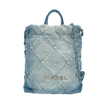 二手品 Chanel 22 刷色牛仔布銀鍊手提後背包(AS3859-藍)