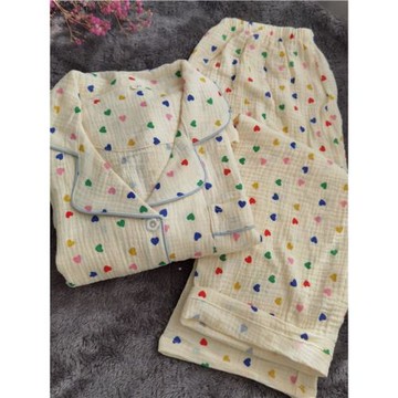 新款水洗棉紗翻領彩色愛心睡衣春夏純棉雙層紗布套裝簡約女家居服