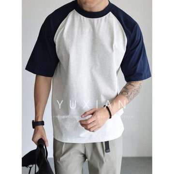 YUXIAN棉質涼感Sorona防曬寬松拼色插肩短袖純色圓領T恤休閑春夏