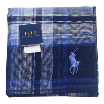 RALPH LAUREN POLO 紳士款刺繡標誌幾何格紋純棉方巾(深藍)