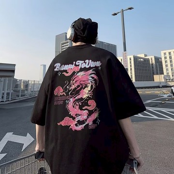 M-8XL 潮流彩色龍印花t恤 五分袖 短袖男 印花t恤 男生上衣 短T恤 班服 大尺碼 短袖t恤（HT39）【壹號站】