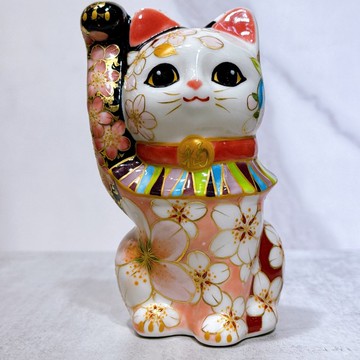 【金櫻瑞笑】日本清水燒招財貓 | 色繪 金彩櫻