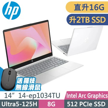 HP 14-ep1034TU星河銀 (Ultra5-125H/8G+8G/2TB SSD/W11升級W11P/14FHD)特仕AI筆電