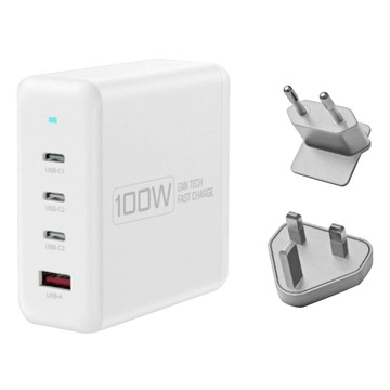 POLYWELL 寶利威爾 100W電源供應器 可充筆電 Type-C 3個 + USB-A 附多國轉接頭 2個  白色  1個