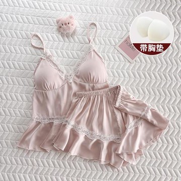 吊帶睡衣女夏款冰絲綢夏天季甜美性感花邊女士帶胸墊v領粉色套裝