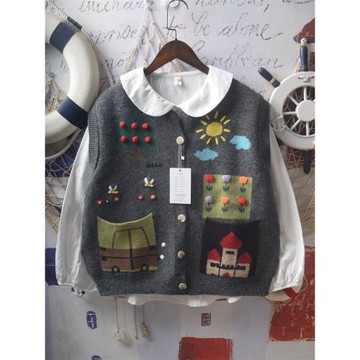 日系軟妹玩趣重工立體提花多口袋寬松工裝針織馬甲馬夾疊搭外穿女