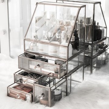 玻璃化妝品收納盒防塵家用大容量桌面口紅梳妝臺護膚品宿舍置物架