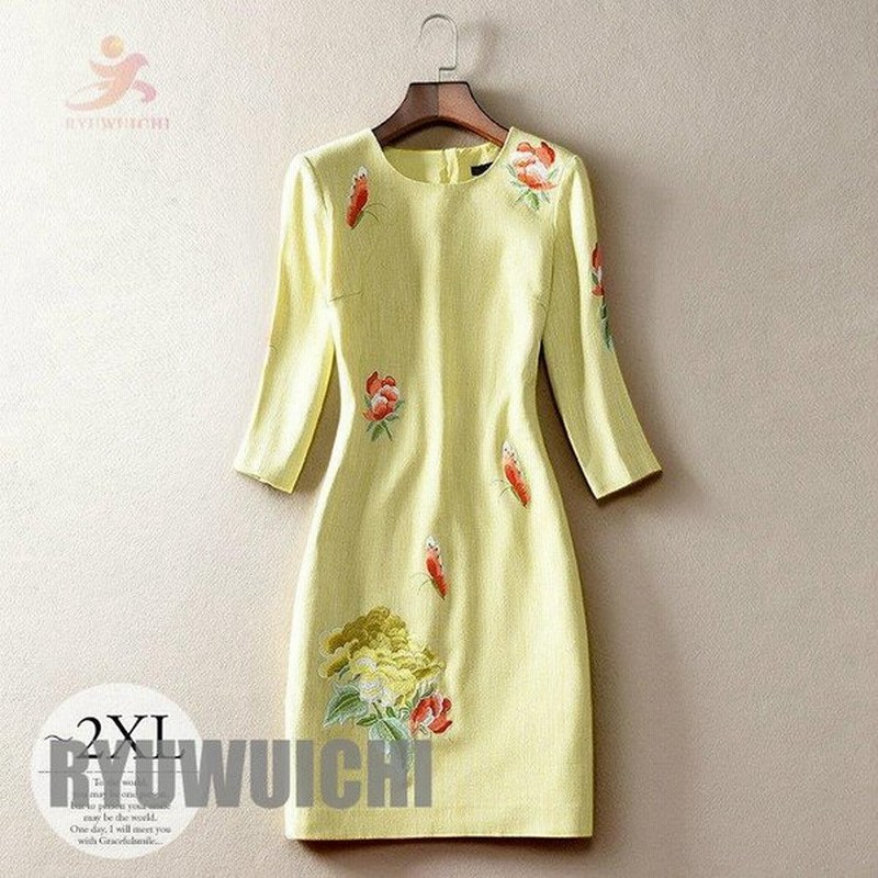 ドレス ワンピース 結婚式 披露宴 パーティードレス 花 蝶 刺繍 タイトワンピ 食事会 和テイスト 華やか イエロー グリーン おしゃれ 女子会 ミセス 通販 Lineポイント最大get Lineショッピング