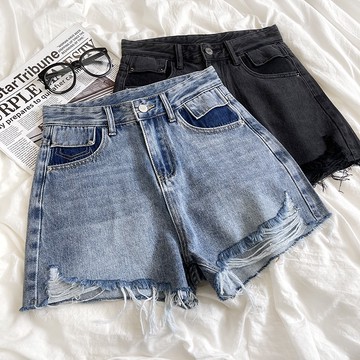 『現貨馬上出+』RENA甜酷風辣妹毛邊流蘇設計感高腰顯瘦撞色口袋水洗百搭牛仔熱褲【R20357】