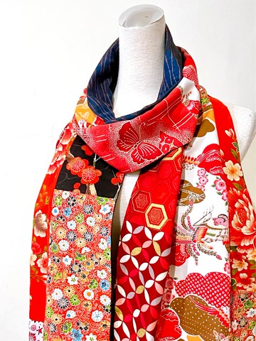 純手作日系紅色拼接花朵仙鶴花鳥撞色絲質海軍藍立涌圍巾披肩