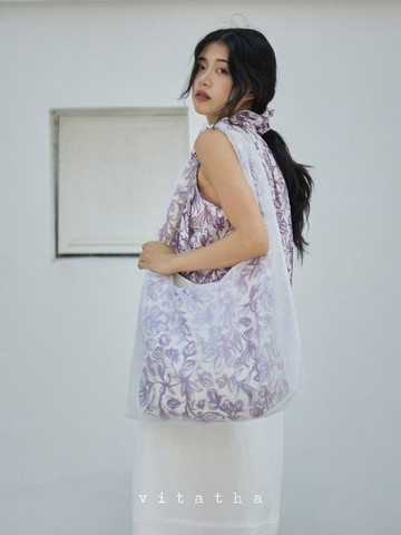 紫色碎花 紡詩車間系列托特包 巨仙花卉夏日朦朧歐根紗包