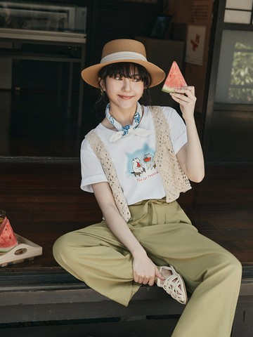 貓小姐．純棉幽靈吃西瓜貓印花短袖上衣