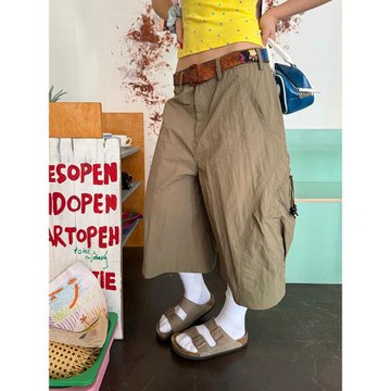 CGGA美式小眾設計多口袋七分工裝褲夏季男女寬松休閑闊腿直筒短褲