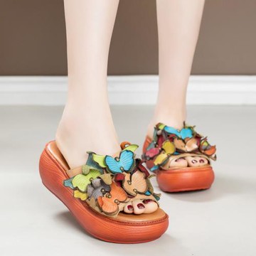 坡跟拖鞋夏季新款波西米亞民族風原創蝴蝶厚底女鞋子真皮軟底涼拖