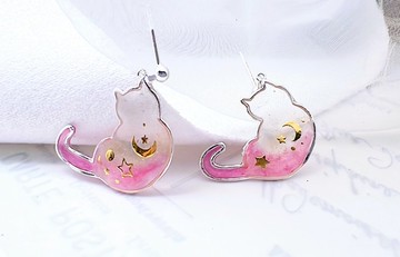 貓咪的星空魔法|夢幻色|粉黃漸層 |金色星月|日本滴膠 純銀 耳環