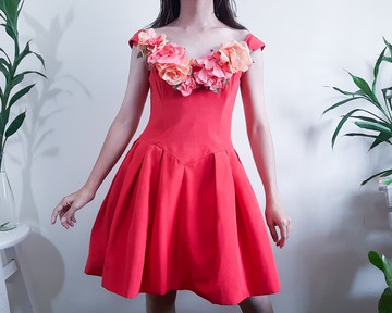 VICTOR COSTA for Lord Taylor 1980 年代紅色花卉露肩緊身胸衣連