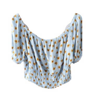 諾諾E站【MK】夏裝  時尚性感一字漏肩向日葵印花短袖雪紡上衣