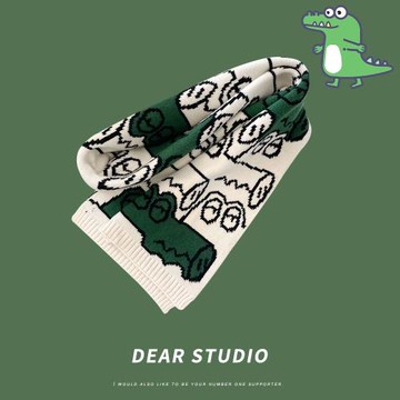 日系可愛搞怪小鱷魚短款針織圍巾女秋冬季學生保暖百搭情侶圍脖潮