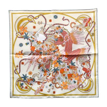 HERMES 經典La Danse du Printemps手工捲邊百花圖騰真絲方巾/領巾(米黃色)