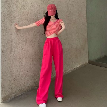 夏季新款高腰露臍短款條紋短袖T恤女寬松闊腿休閑褲兩件套