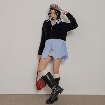 珍珠排釦仿水貂毛短外套-黑【KT281014】