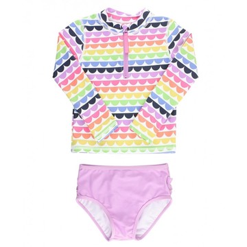 美國 RuffleButts - 小女童UPF 50+防曬兩件式長袖泳裝-七彩貝殼