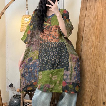 AKARA 限量訂製120g植物染慵懶山林雪紡長袖罩衫上衣(雪紡材質/3XL可穿/ 中大尺碼)