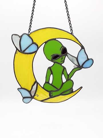 彩色玻璃月亮捕夢網飛碟裝飾品彩色玻璃窗裝飾